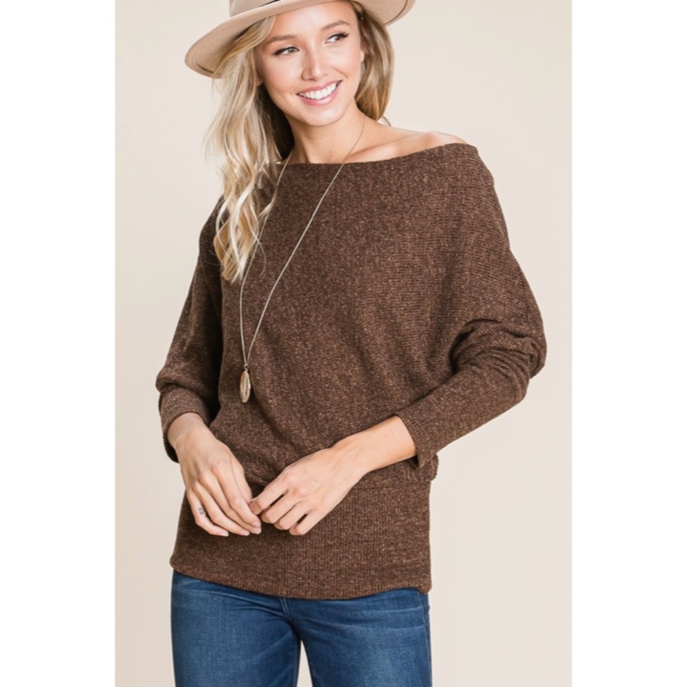 SOLD OUT Brown Solid Ribbed Off Shoulder Dolman Sweater - Picture 2 of 6